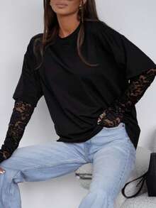 Lysee 女士 Y2K 风格黑色宽松 T 恤，蕾丝袖口，朋克风二合一长袖蕾丝拼接上衣，休闲街头服饰 - 黑色 - 查看 4