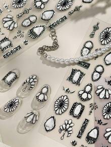 1pc Warm Whrite Gemstone Metallic Nail Art Sticker, 3D Embossed Vintage Palace Style Jewel Metal Texture Nail Decals, Self-Adhesive Reusable Nail Stickers For DIY Autumn/Winter Nail Art, Elegant Luxury Nail Jewelry, Refined Accessory Gift