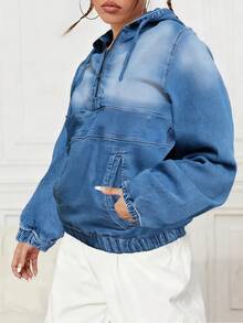 Casual    Zipper  Pocket  Drawstring    Women's Plus-Size Vintage Hooded Denim Pullover Jacket  Home  Night Out  Vacation  School  Holiday    Autumn And Winter  Solid Color Vintage Denim Hoodie - 藍色 - 查看 5