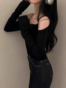 Sexy Off-Shoulder 2 In 1 Long Sleeve Camisole T-Shirt, Ruched Fitted Slim Solid Casual Top For Women, Autumn - Black - View 4