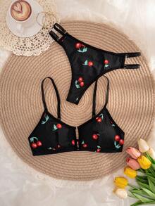 1 套女士纯色樱桃印花舒适内衣套装 - 黑色 - 查看 3