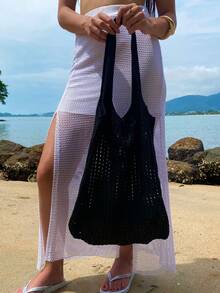 Women's Large Crochet Beach Bag, , With Shoulder Strap, Knitted, For Pool, Summer. - Black - View 1