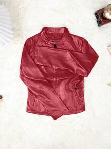 Zipper Front PU Leather Biker Jacket - Red - View 7