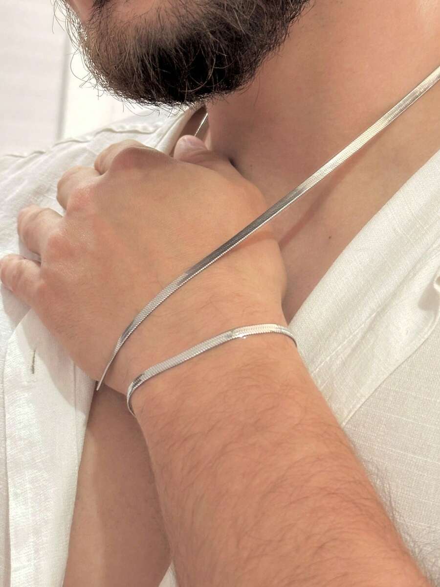 Men's Necklace And Bracelet Set, 4mm Stainless Steel, Gold/Silver Finish, Gift For Boyfriend/Husband - 銀網套裝 - 查看 1
