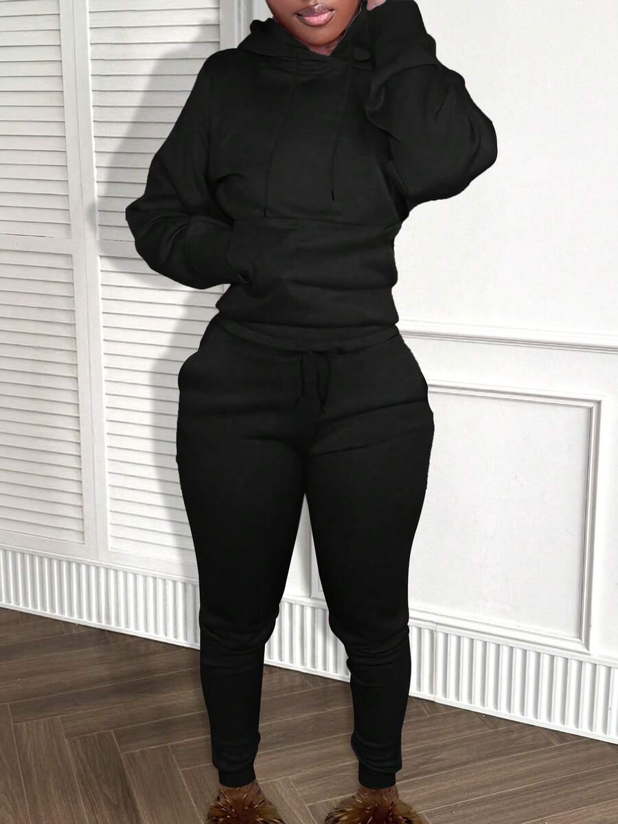女士连帽长袖口袋纯色休闲日常上衣和裤子套装 春季服装 黑色 - 黑色 - 查看 1