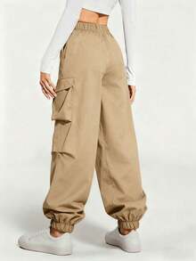 1 pieza Pantalón cargo de unicolor informal para niñas preadolescentes para uso al aire libre - Caqui - Ver 2