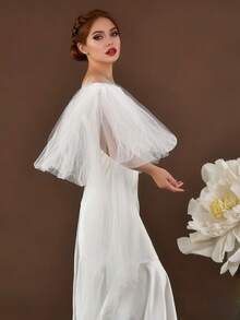 1 Pair Elegant Flowing Long Bridal Gloves And Shawl; Exaggerated Bow Shoulder Sleeves, Suitable For Stage Performance - Beige - View 4