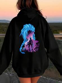 Women's Jinx Anime-Inspired Full-Body Print Hoodie - Black With Iconic Jinx & Morana Character Design, Casual Gaming Outfit, Machine Washable Manga Style Sweatshirt Hoodies For Women 4th Of July Plus Size - 黑色 - 查看 1