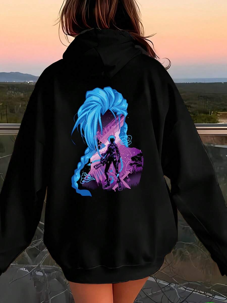 Women's Jinx Anime-Inspired Full-Body Print Hoodie - Black With Iconic Jinx & Morana Character Design, Casual Gaming Outfit, Machine Washable Manga Style Sweatshirt Hoodies For Women 4th Of July Plus Size - 黑色 - 查看 1