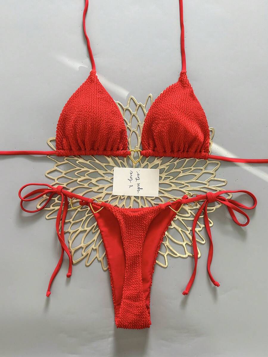 两件套休闲可爱优雅性感波西米亚风花卉系带编织比基尼泳衣，海滩度假，春夏 - 紅色 - 查看 1