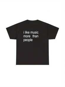 Funny Music Lover T-Shirt - I Prefer Music Over People, A Sarcastic Graphic T-Shirt For Men And Women, With Musical Notes And Waves, For Music Lovers, Black Base With White Print, Collector's T-Shirt. - 黑色 - 查看 1