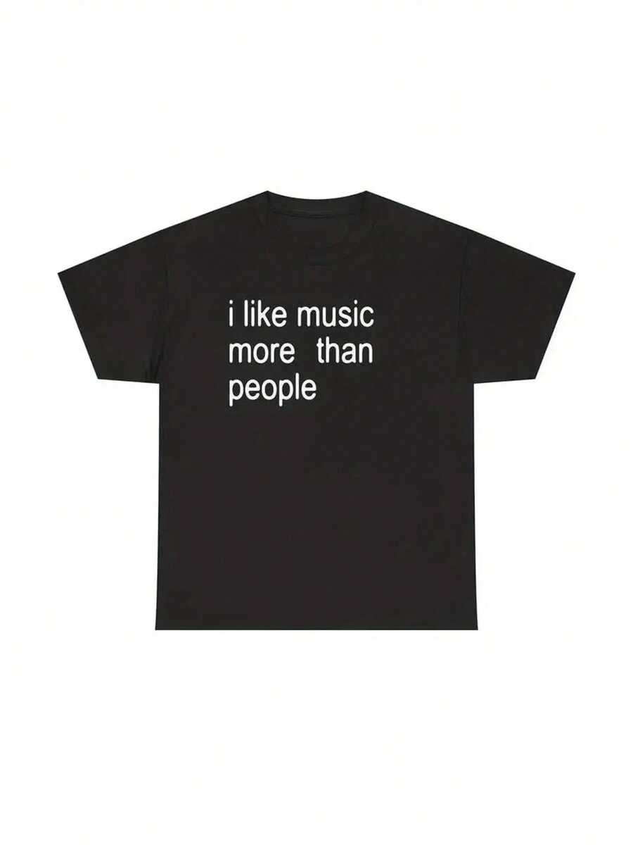Funny Music Lover T-Shirt - I Prefer Music Over People, A Sarcastic Graphic T-Shirt For Men And Women, With Musical Notes And Waves, For Music Lovers, Black Base With White Print, Collector's T-Shirt. - 黑色 - 查看 1