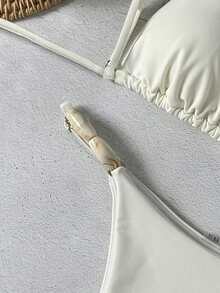 Bikinx 女士优雅比基尼套装，采用细肩带、系带前襟和露背设计，并饰有打结细节，尽显时尚风采。 - 米色 - 查看 7