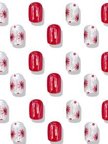 24pcs Cute Square Press On Fake Nails Brown Short Nail Red Flower Acrylic French Fake Nails Tips For Women Coffin Nails