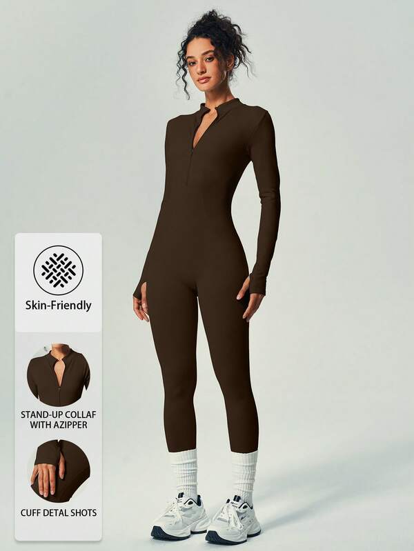 UONNOU 1 Piece 连体衣 连体运动服 蜜桃臀 提腰 收腹 瘦腿 全身塑身 拉链半开 长袖 拇指孔设计 小立领 适合运动 滑雪 骑行 健身房 瑜伽 球类运动 锻炼 室内外 日常休闲 无缝罗纹针织面料 运动服 秋冬款