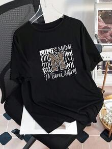 Große Größen Mimi Leopardenmuster M Handschriftlicher Text. Grafik T-Shirt, Casual Komfort Top für den täglichen Gebrauch Schwarz - Schwarz - Übersicht 7