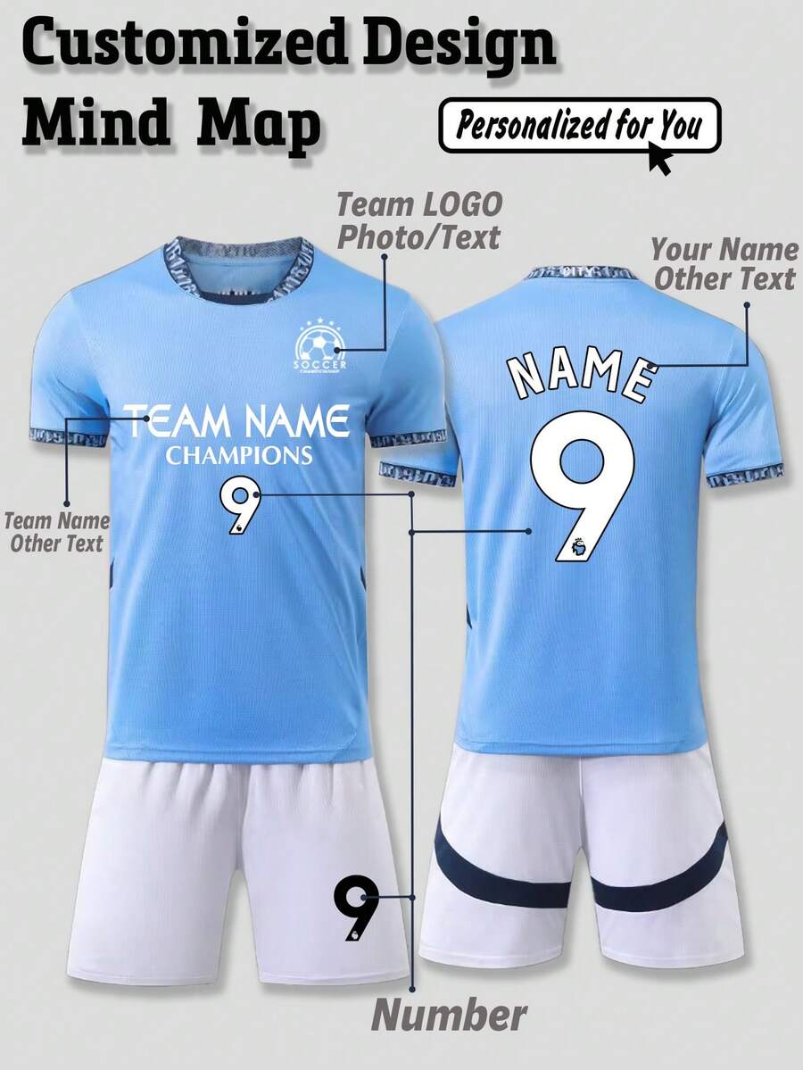 2件套定制曼城24/25赛季蓝色男士足球球衣套装 - 可定制队名、号码和队徽的短袖T恤+短裤运动套装，送给他的理想礼物，时尚、休闲、简约、个性化、独特，男士服装，胶囊衣橱，男士基础款/街头服饰，适合生日、假日/度假、学校/比赛、运动/登山等场合。 - 淺藍色 - 查看 1