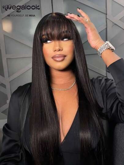 MEGALOOK Peluca de cabello humano 100% liso y sedoso con flequillo, sin línea de implantación de encaje, sin necesidad de pegamento, tejida a máquina, densidad del 150%, cabello virgen brasileño, con flequillo, adecuada para mujeres, peluca de cabello negro natural liso, peluca bob de 8 pulgadas, peluca larga - aspecto natural, adecuada para uso diario, oficina, Halloween, fiesta, Y2K, vacaciones, juegos de roles al aire libre, escuela, vacaciones, Navidad, fiesta, boda, festival, etc., adecuada para mujeres