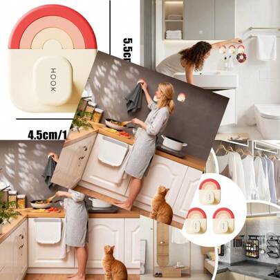 Juego de 3 soportes sin taladro, con ganchos adhesivos de diseño autoadhesivo resistente y almohadillas transparentes impermeables para ahorrar espacio, para colgar en baño, cocina y armario