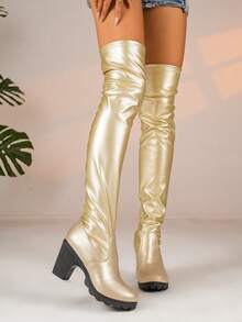 Women's 2024 Autumn/Winter New Arrival Square Toe Low Heel Pleated Leather Pull-On Thigh High Boots - Gold - View 10