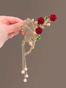 1pc Lady's Alloy Rhinestone Tassel Butterfly & Rose Hair Claw Clip Suitable For Daily Dressing Elegant Valentine's Day Valentines Hair Clips Hair Jaw Clip Hair Clamps Hair Clutch Hair Catcher Clip Fall Winter Hair Accessories For Women For Vacation Outfits Woman Flower Hair Clip Valentines Gift Summer - Gold - View 3