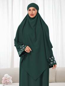两件套：头巾+长袍，袖口刺绣设计，宽松舒适的穆斯林服饰，适合女性日常穿着和祈祷，四季皆宜 - 彩色 - 查看 26