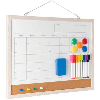 Dry Erase Calendar Whiteboard, 17\ X 13\ Magnetic Whiteboard Cork Board Combo, Reusable Monthly Planner With 8 Markers, Eraser, Magnets And Pushpins, Hanging Dry Erase Board For Home, Schoolsss - White,White