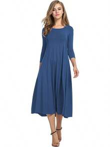 Women's 3/4 Sleeve A-Line And Flare Midi Long Dress, Fashionable, - 深空藍 - 查看 7