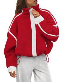 Women's Casual Elegant Red Stand Collar Long Sleeve Drop Shoulder Full Zipper Polyester Regular Coat - 紅色 - 查看 6