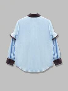 Nueva camisa casual de manga larga a media pierna con botones, volantes y rayas de colores contrastantes, elegante y de moda, adecuada para vacaciones, oficina, uso diario y viajes de primavera - Azul y blanco - Ver 7