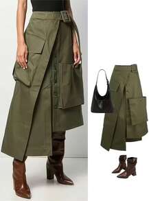 Women's Solid Color Asymmetric/Asymmetrical Casual Skirt, Suitable For All Seasons, Black Cargo Skirt