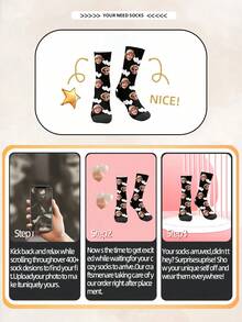 1 Pair Personalized Face & Text Mid-Calf Socks, Custom Photo & Name Gift, Fun Socks For Valentine's Day, Birthday, Christmas, Couples & Anniversary - Black - View 8