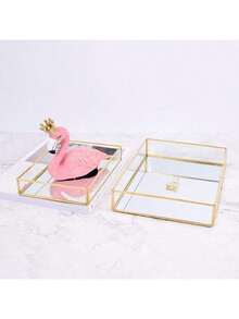 1pc Rectangular Glass Tray, Cosmetic & Jewelry Display Plate, Gold