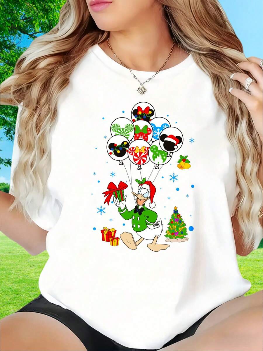 Christmas Balloons Mickey Mouse Design Holiday T ShirtDisney Fun Prints, Suitable For Christmas Parties, Holiday Gatherings, Outdoor Activities, Sports, Holiday Gifts, Women's T-Shirts, 220g - 白色 - 查看 1