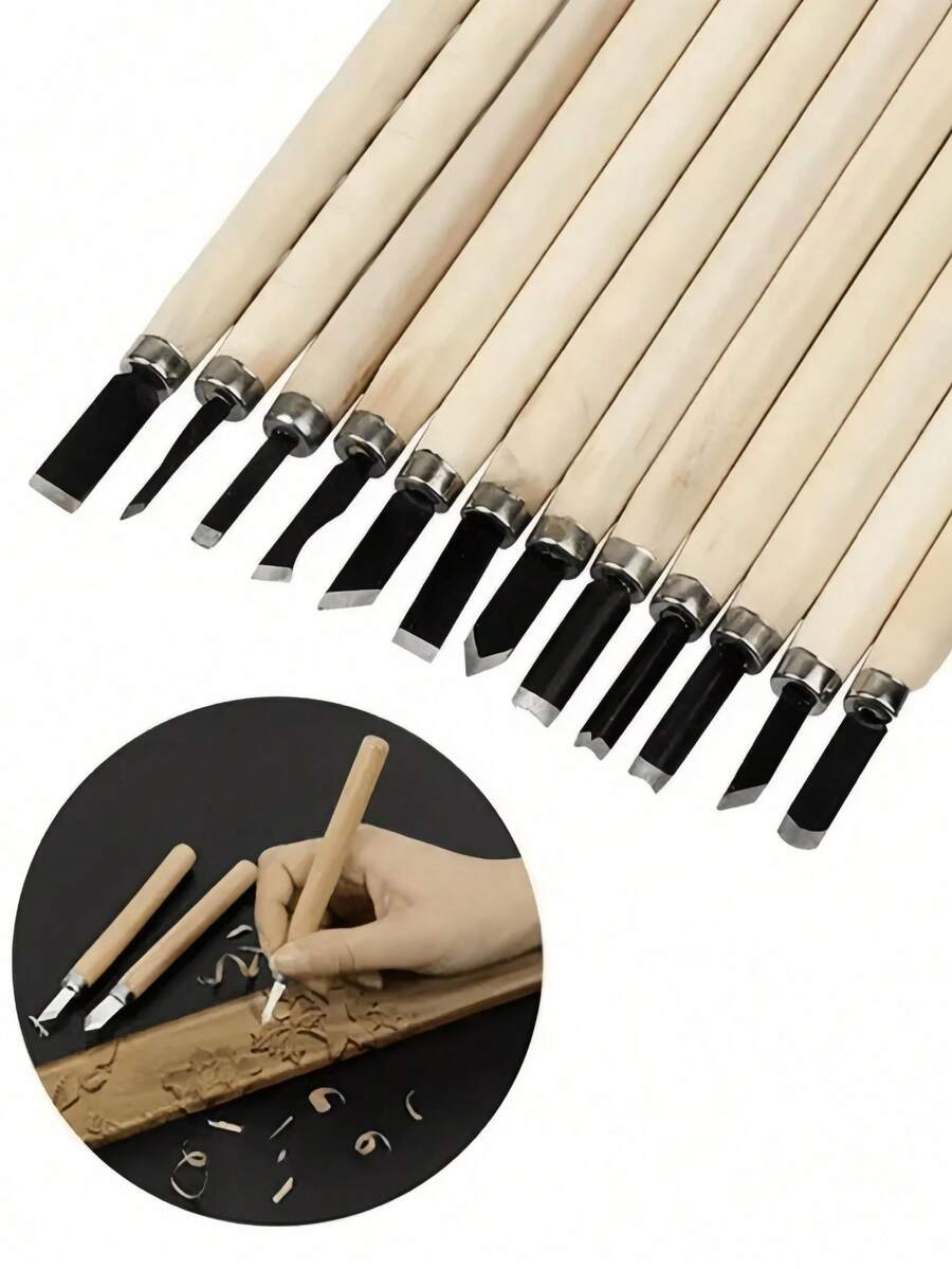 3/4/8/10/12件套专业木雕工具套装 - 包含木雕工具、木柄、雕刻刀、工艺刀、带人体工学手柄的铬钒钢凿子。这是一款多功能木工工具套装，是您自用或工作中的得力助手。 - 原木色 - 查看 1