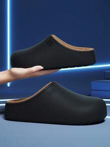 Men's PU Leather Flat Warm Slippers, Indoor/Outdoor EVA Plush Closed-Toe Slippers, Autumn/Winter