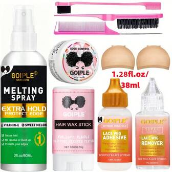  GOIPLE 2oz Lace Fusion Spray, 15ml/38ml Waterproof Wig Glue, 0.56oz Wax Stick, 1.05oz Styling Gel, 1oz Adhesive Remover, Eyebrow Razor, High Definition Wig Cap (1 Pack/2pcs), Styling Scarf, Lace Wig Fusion Tape, Double-Sided Comb, Styling Accessories, 10pcs Wig Installation Tool Kit