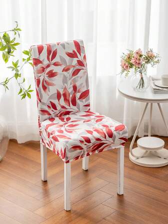 1/4/6pcs Red & Gray Leaf Print Chair Covers, Farmhouse Style Modern Home Decor Removable Washable Chair Protectors, Suitable For Living Room, Bedroom, Dining Room