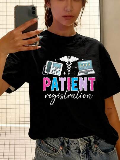 Camiseta Negra con Estampado de Registro de Pacientes para Mujer Diseño Médico con Teléfono Computadora y Caduceo Ideal para Personal de Salud o Amantes de la Medicina