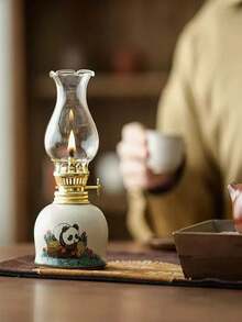 1pc Vintage Practical Ceramic Base Windproof Glass Candle Holder, Suitable For Home Decor, Atmospheric Retro Design, Nostalgic Ornament - Multicolor - View 3