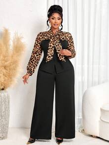 BIUBIU Bộ đồ hai mảnh họa tiết da báo, tay dài thanh lịch cỡ lớn kèm thắt nút và quần dài cho mùa thu/đông dành cho nữ / Trang phục đi chơi / Trang phục năm mới cho nữ / Trang phục Giáng sinh / Trang phục công sở - Xem 6