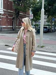 1 Stück einfarbiger karierter Gewebe-Trenchcoat für Frauen mit Knopfverschluss an der Taille, geeignet für Frühling, Herbst und Winter