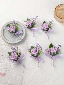 6pcs Artificial Rose Boutonniere, Groomsmen Lapel Pins For Graduation Ceremony, Party, Wedding - Mauve Purple - View 5