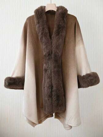 1pc Elegant Gradient Color Faux Rabbit Fur Collar Knitted Poncho Shawl For Women, Fashion Versatile Thick Warm Loose Cardigan Cloak Outerwear, Soft Fuzzy Cloak Jacket Suitable For Daily Wear, Autumn/Winter