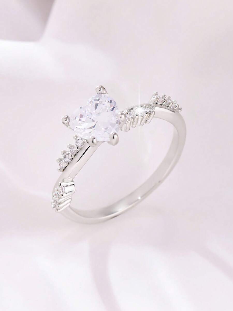 1 pieza Anillo con forma de corazón con circonita cúbica brillante, de estilo minimalista y romántico para mujer, adecuado para boda, compromiso, Día de San Valentín, aniversario y uso diario