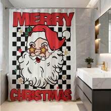 1 件复古红黑格子圣诞老人涤纶浴帘 - 防水防霉，印有“圣诞快乐”字样 - 节日浴室装饰