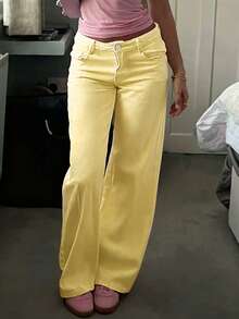 女士黄色阔腿牛仔裤 - 夏季休闲度假时尚直筒裤 - 黃色 - 查看 4