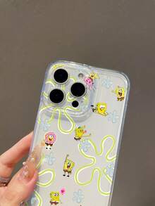 1pc Transparent Space Case With Full Screen Cartoon Line Flower Hamburger Spongebob Pattern Shock-Proof Phone Case Cover Suitable Compatible With Samsung/Apple 17/16/15/14/13/12/11Pro Max/12Pro/14Plus And Other Models - Multicolor - View 6