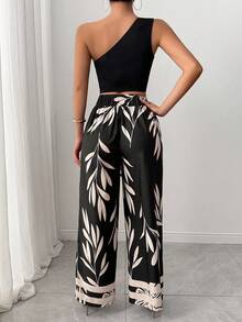 2026 Spring Summer New Women's 2pcs Fitted Outfit Set - One-Shoulder Top With Belt & Straight Print Pants, Casual Commuter Office Daily Wear - màu đen - Xem 3