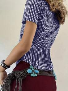 阳光少女风 Y2K 返校季纯棉修身翻领短袖衬衫，纽扣开合，藏蓝色格子学院风上衣 - 藏蓝色 - 查看 6